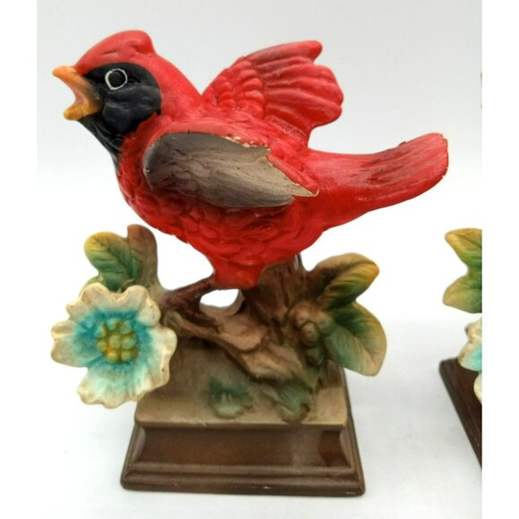 Bird Figurines Cardinals Hand Painted Ceramic Perched Flower Vintage Pair 4.25" - Picture 3 of 15
